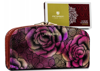 Duży, pojemny portfel ze skóry naturalnej z kwiatowym wzorem — Peterson