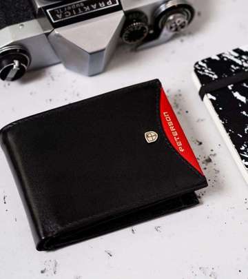 Mały, skórzany portfel męski w orientacji poziomej z systemem RFID — Peterson - Czarny