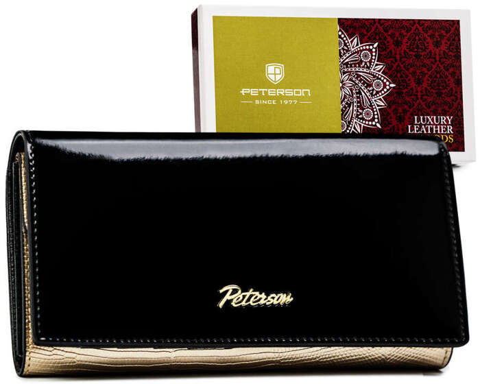 Czarno-złoty lakierowany portfel damski — Peterson
