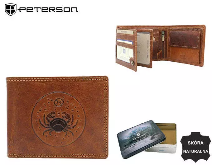 Peterson Duży  skórzany portfel męski z tłoczeniem przedstawiającym znak zodiaku Rak