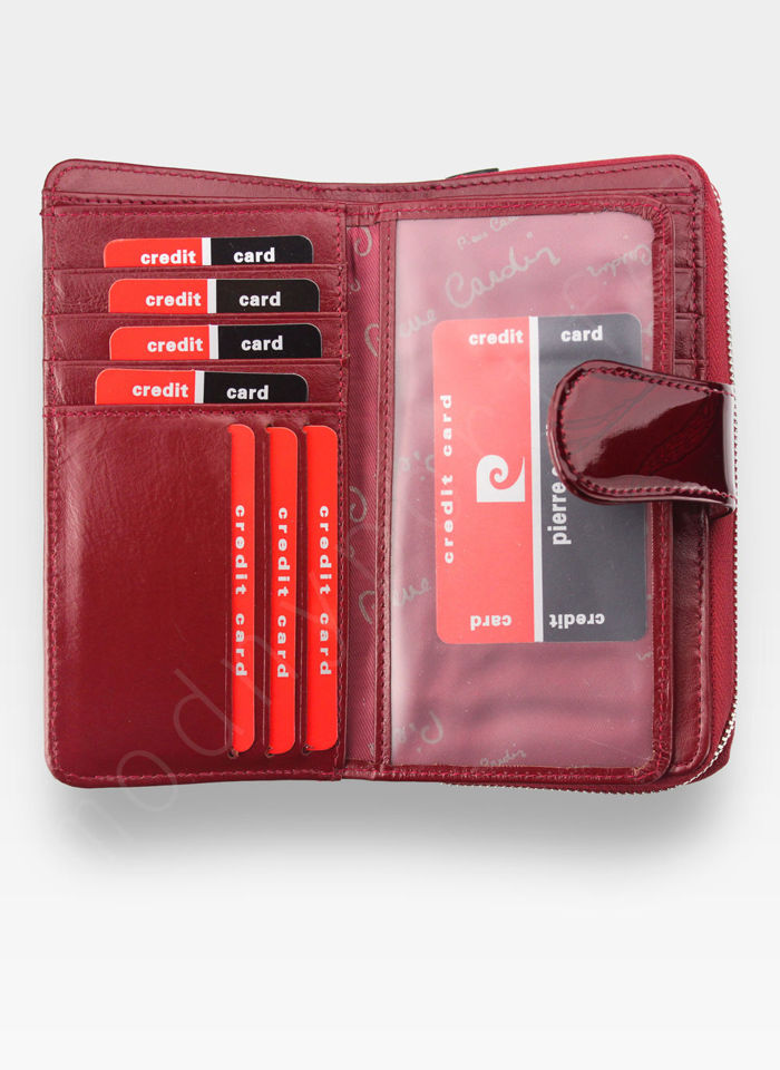 Portfel Damski Pierre Cardin Skóra Naturalna Czerwone Liście Pionowy Średni RFID Secure
