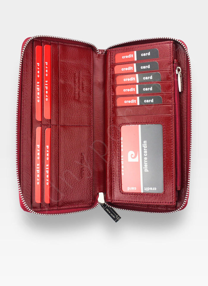Portfel Damski Pierre Cardin Skóra Naturalna Czerwony Poziomy RFID Secure Duży Line 119