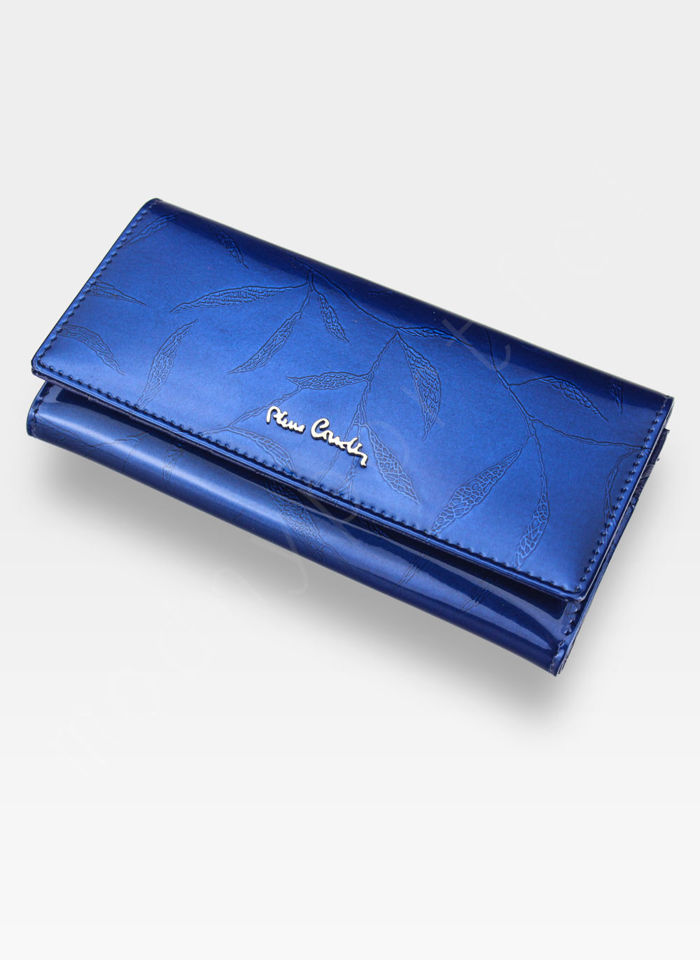 Portfel Damski Pierre Cardin Skóra Naturalna Niebieskie Liście Duży Poziomy RFID Secure